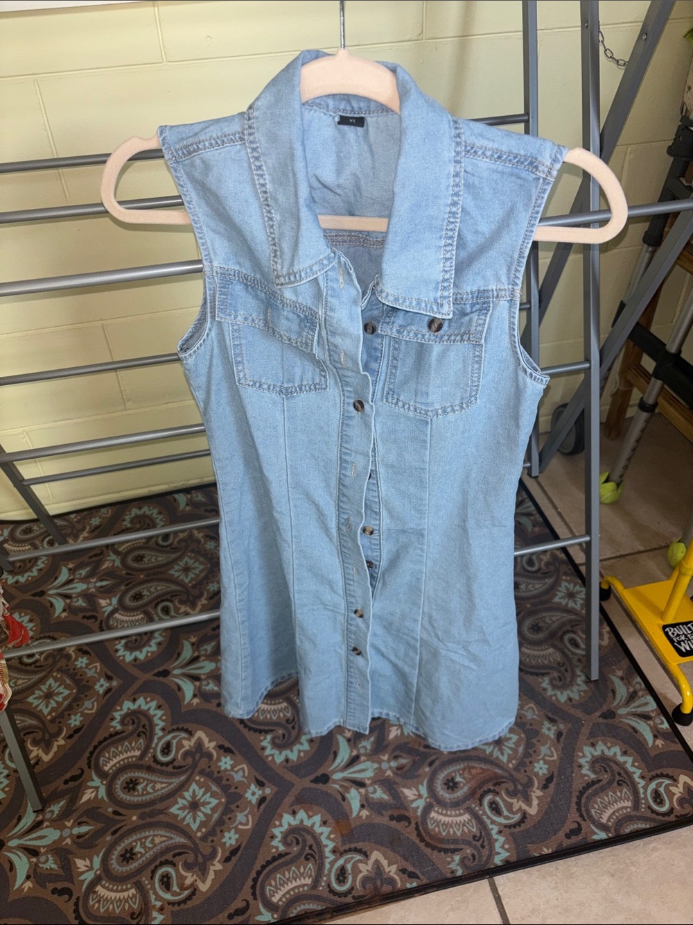 Amazon Light Blue Denim Midi Dress Sleeveless Button-Front